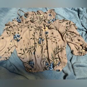 Floral Ruffle Blouse - Beige purple with Blue Accents